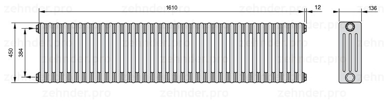 Схема (чертеж) Радиатор Zehnder Charleston 4045/35 №1270 Белый глянцевый RAL 9016